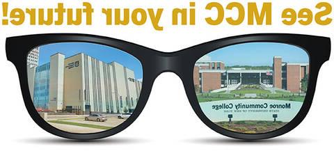 Sunglasses with MCC campus in reflection with text above "See MCC in your future!"